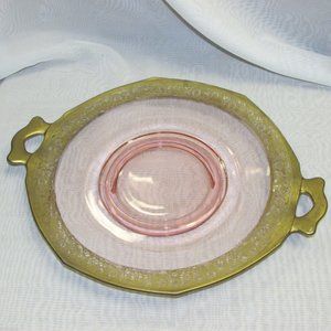 Vintage Pink Depression Glass Low Footed Cake Stand With Handles Serving Platter